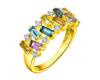 Prsten ze žlutého zlata s diamanty a drahokamy 0,19 ct - ryzost 585