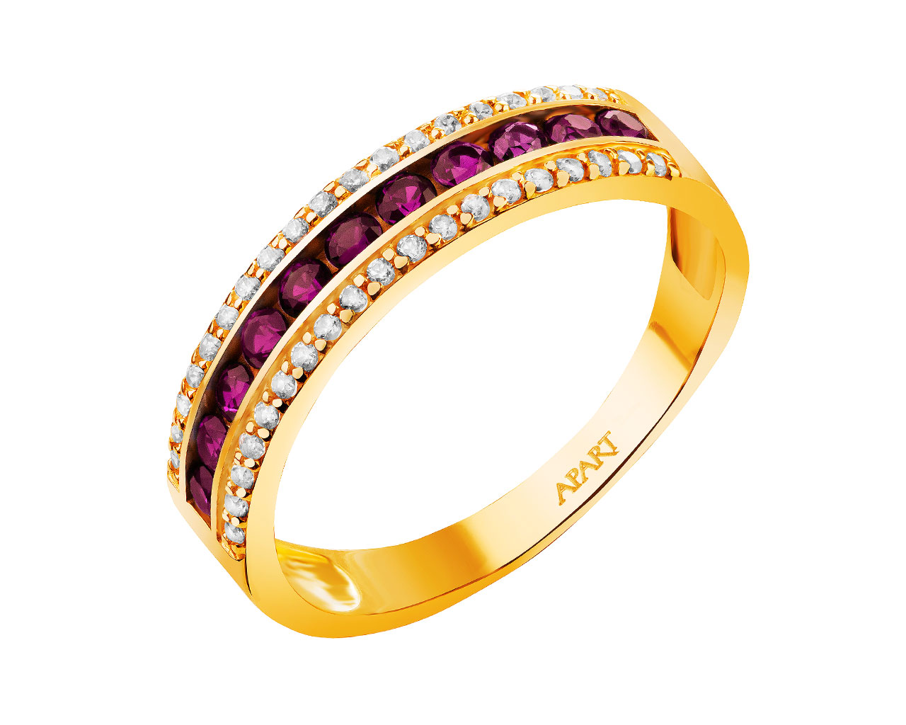 Złoty pierścionek z rubinami syntetycznymi i cyrkoniami