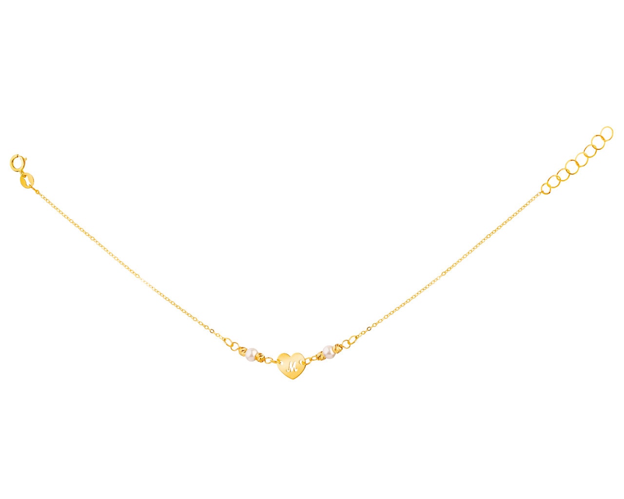 Złota bransoletka z perłami, ankier - serce, litera M