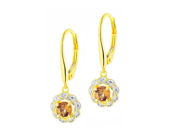 Náušnice ze žlutého zlata s diamanty a citríny 0,01 ct - ryzost 585