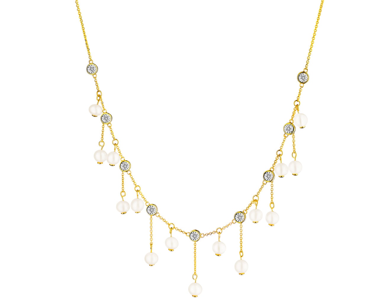 Zlatý náhrdelník s diamanty a perlami 0,02 ct - ryzost 585
