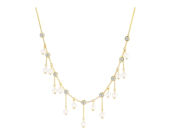 Zlatý náhrdelník s diamanty a perlami 0,02 ct - ryzost 585