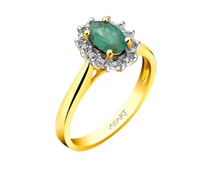 Prsten ze žlutého zlata s diamanty a smaragdem - ryzost 585