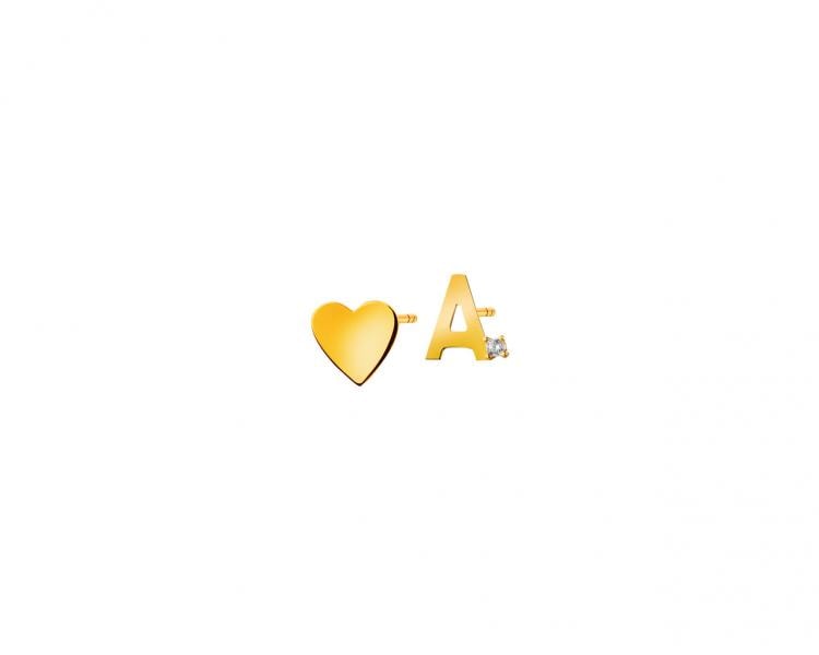 Złote kolczyki z cyrkonią - serce, litera A