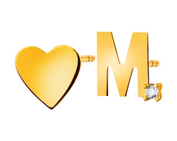 Złote kolczyki z cyrkonią - serce, litera M