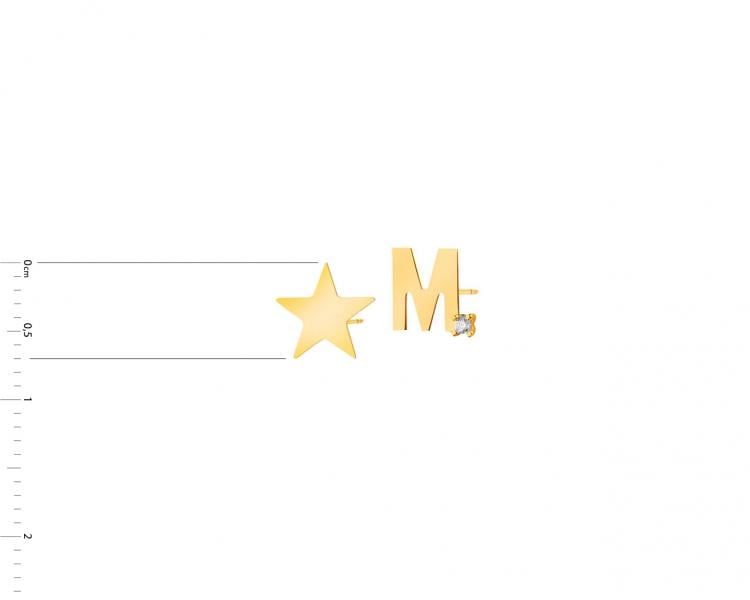 Złote kolczyki z cyrkonią - gwiazda, litera M