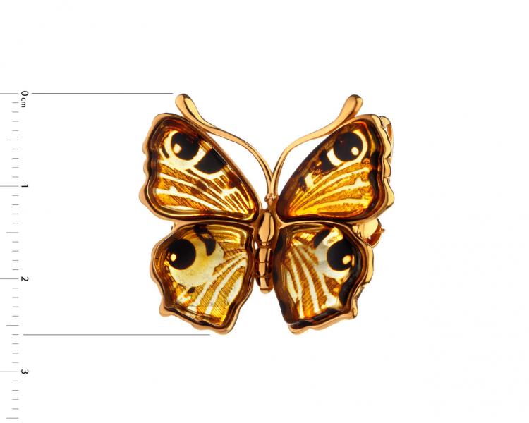 Brož - pozlacený stříbrný přívěsek s jantarem - motýl
