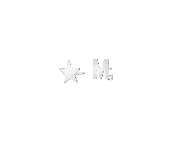 Náušnice z bílého zlata se zirkonem - hvězda, písmeno M