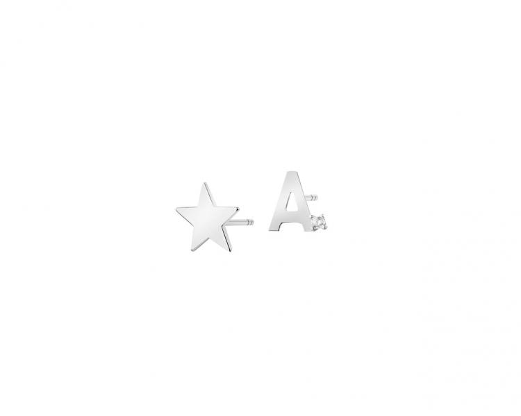 Náušnice z bílého zlata se zirkonem - hvězda, písmeno A