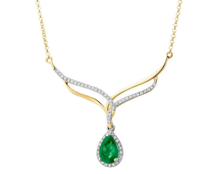 Yellow gold necklace with diamonds and emerald - fineness 18 K