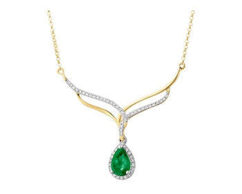 Yellow gold necklace with diamonds and emerald - fineness 18 K