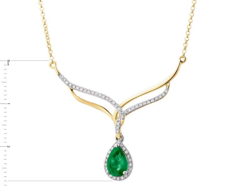 Yellow gold necklace with diamonds and emerald - fineness 18 K