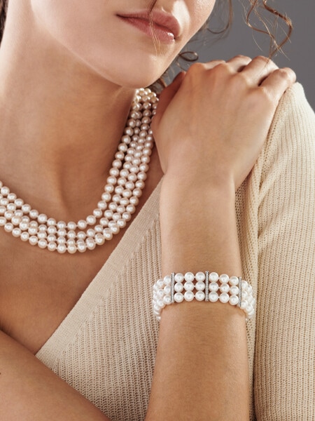 Bransoletka z perłami, brylantami i elementami białego złota - próba 750
