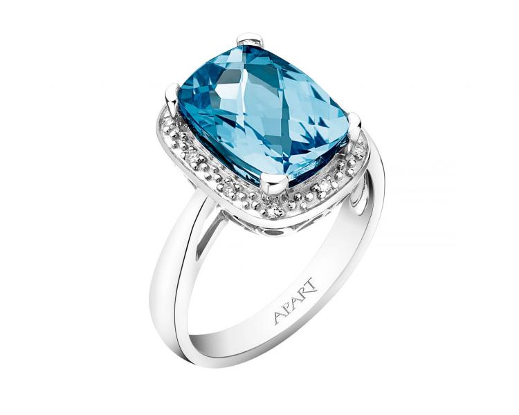 Prsten z bílého zlata s diamanty a topazem (London Blue) - ryzost 750