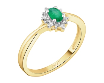 Yellow gold ring with brilliants and emerald - fineness 18 K