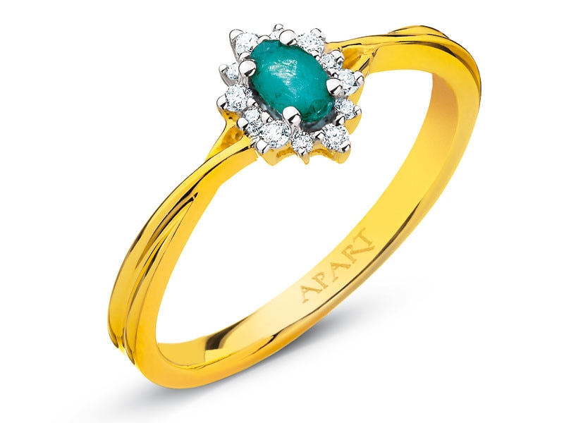 Prsten ze žlutého zlata s brilianty a smaragdem - ryzost 750