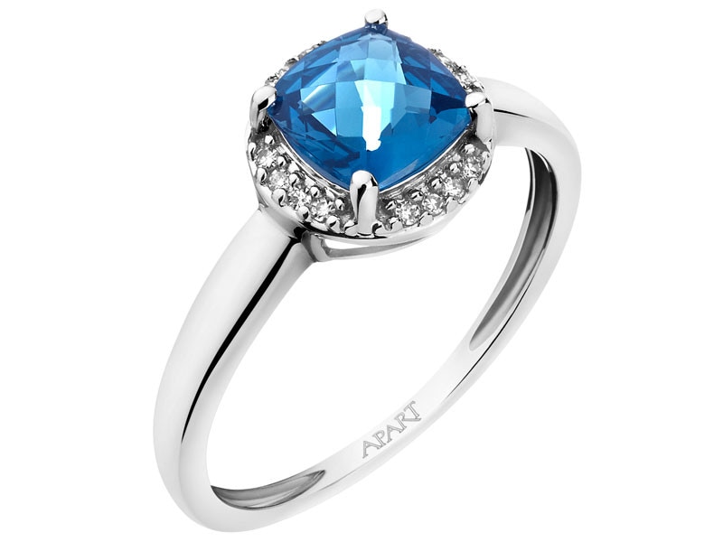 Prsten z bílého zlata s diamanty a topazem  (London Blue) - ryzost 750