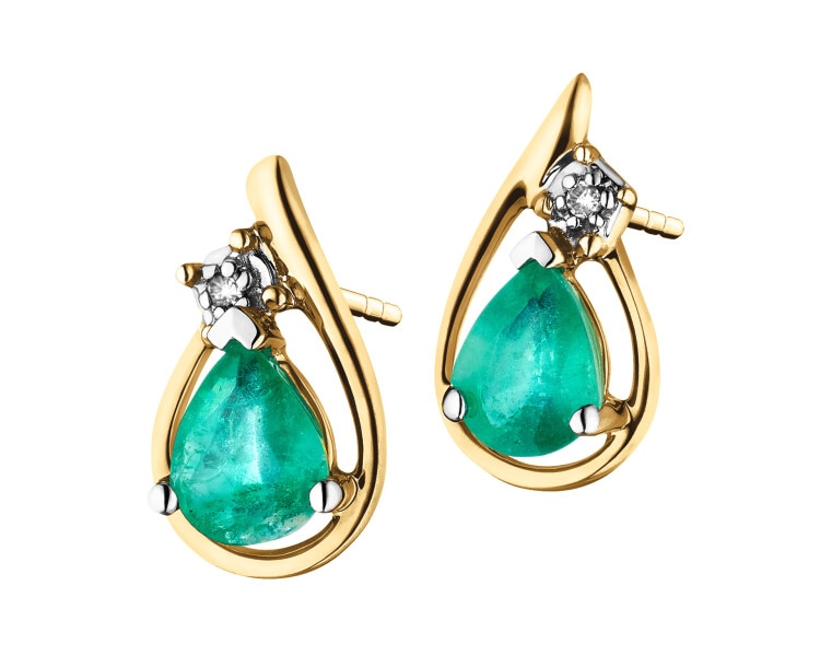 Yellow gold earrings with diamonds and emeralds - fineness 18 K