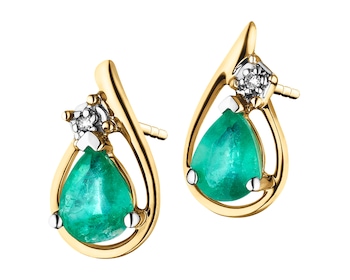 Yellow gold earrings with diamonds and emeralds - fineness 18 K
