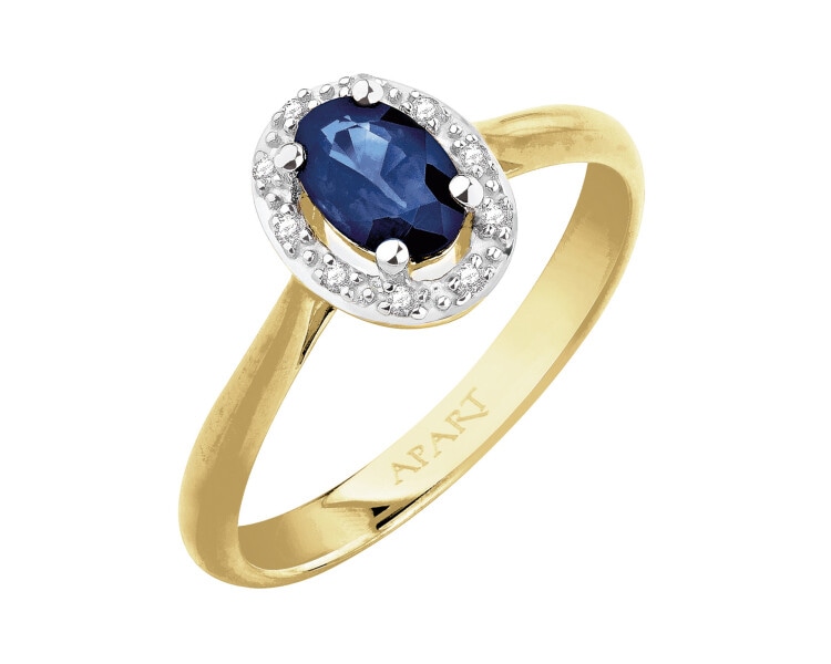 Yellow gold ring with diamonds and sapphire - fineness 18 K