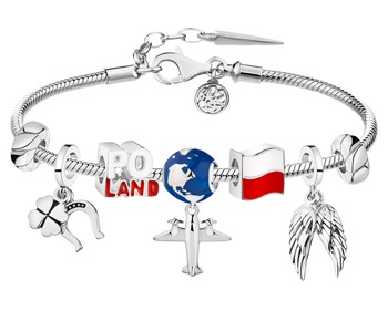 Stříbrný náramek beads - sada - Polsko, vlajka, zeměkoule, čtyřlístek, podkova, křídla