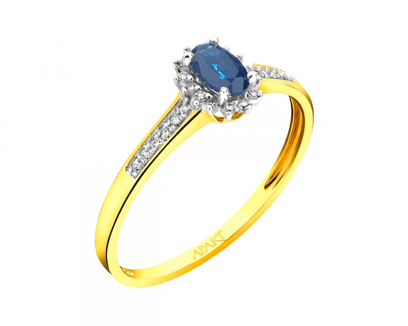 Prsten ze žlutého zlata s diamanty a safírem - ryzost 750