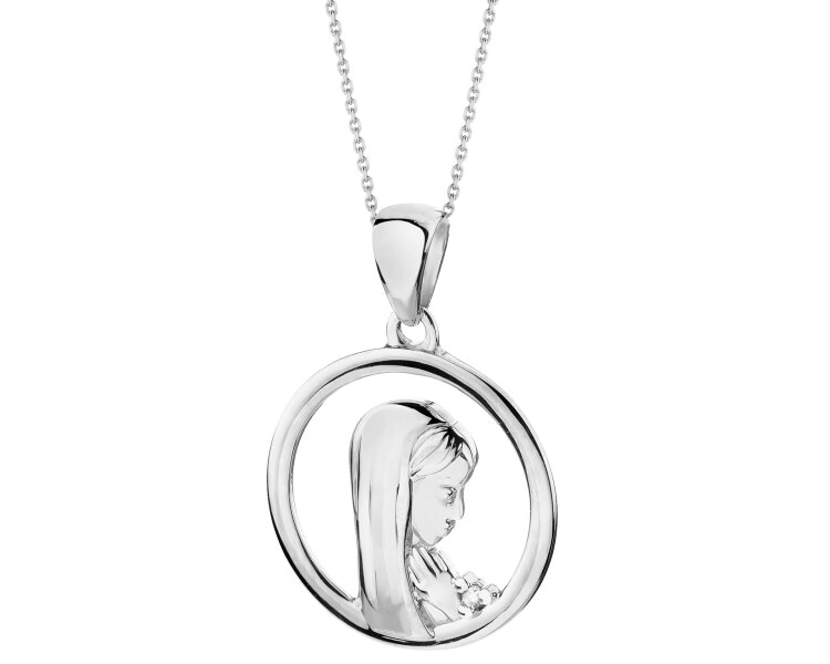 Zawieszka z białego złota z diamentem - medalik Matka Boska - 0,004 ct - próba 750
