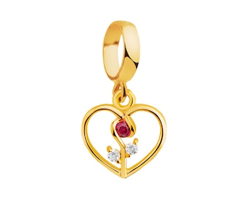 Złota zawieszka beads z rubinem syntetycznym i cyrkoniami - serce, kwiat
