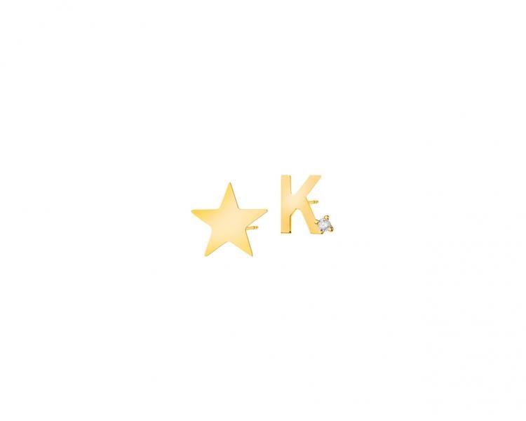 Zlaté náušnice se zirkonem - hvězda, písmeno K