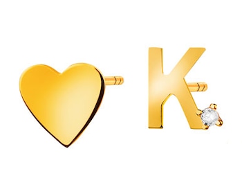 Złote kolczyki z cyrkonią - serce, litera K