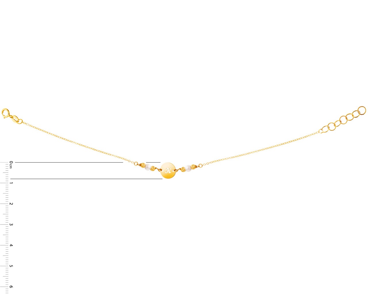 Złota bransoletka z perłami, ankier - koło, litera K