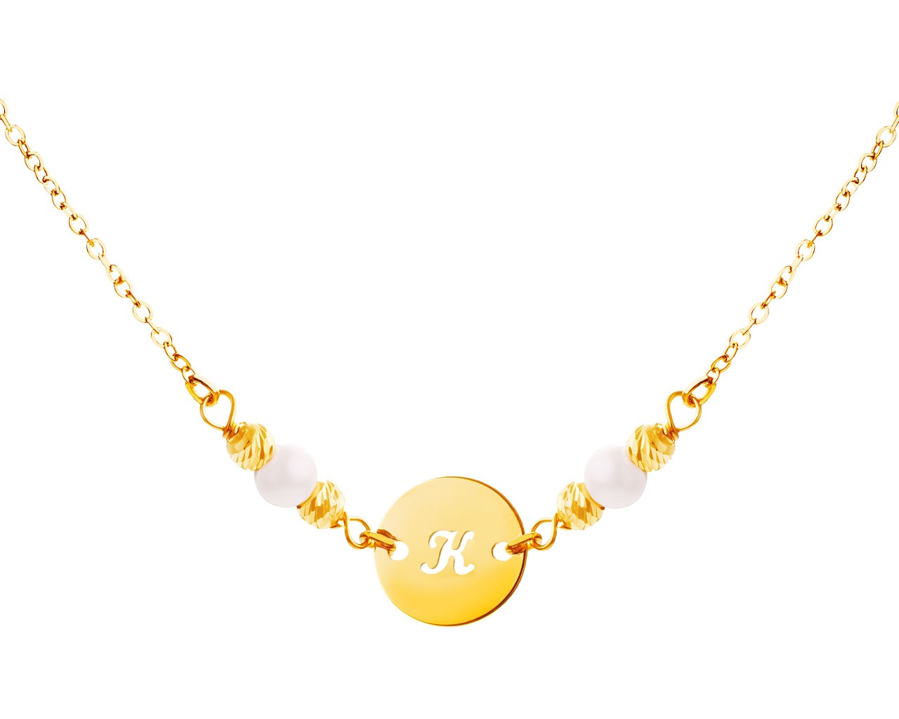 Złoty naszyjnik z perłami, ankier - koło, litera K