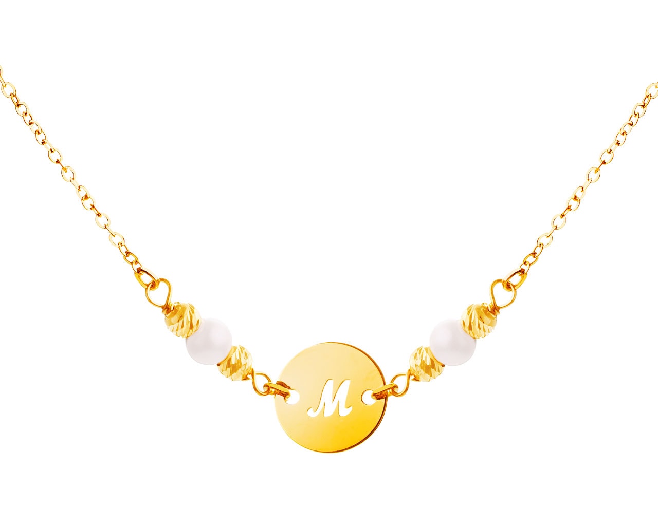 Złoty naszyjnik z perłami, ankier - koło, litera M
