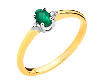 Yellow and white gold ring with brilliants and emerald 0,02 ct - fineness 9 K