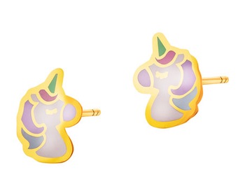 Yellow gold earrings with enamel - unicorns