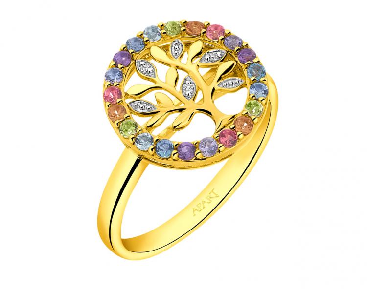 Zlatý prsten s diamanty, turmalíny, citríny, topazy, ametysty, peridoty, tanzanity - strom - ryzost 585