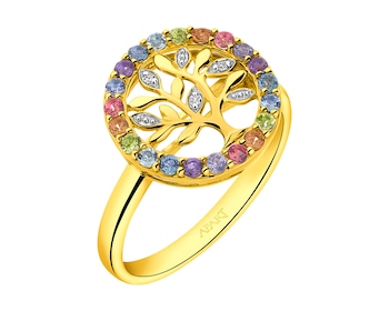 Zlatý prsten s diamanty, turmalíny, citríny, topazy, ametysty, peridoty, tanzanity - strom - ryzost 585