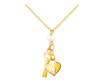 Złoty naszyjnik z perłą, ankier - kluczyk, kłódka