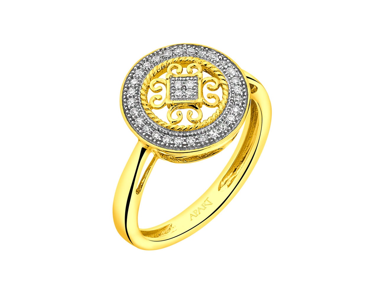 Pierścionek z żółtego złota z diamentami - rozeta 0,09 ct - próba 585