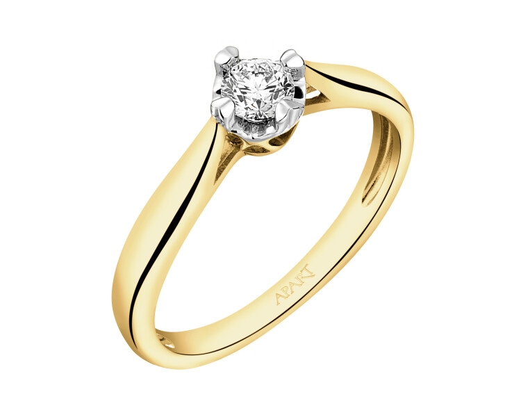 14 K Rhodium-Plated Yellow Gold Ring with Diamond - 0,20 ct - fineness 14 K