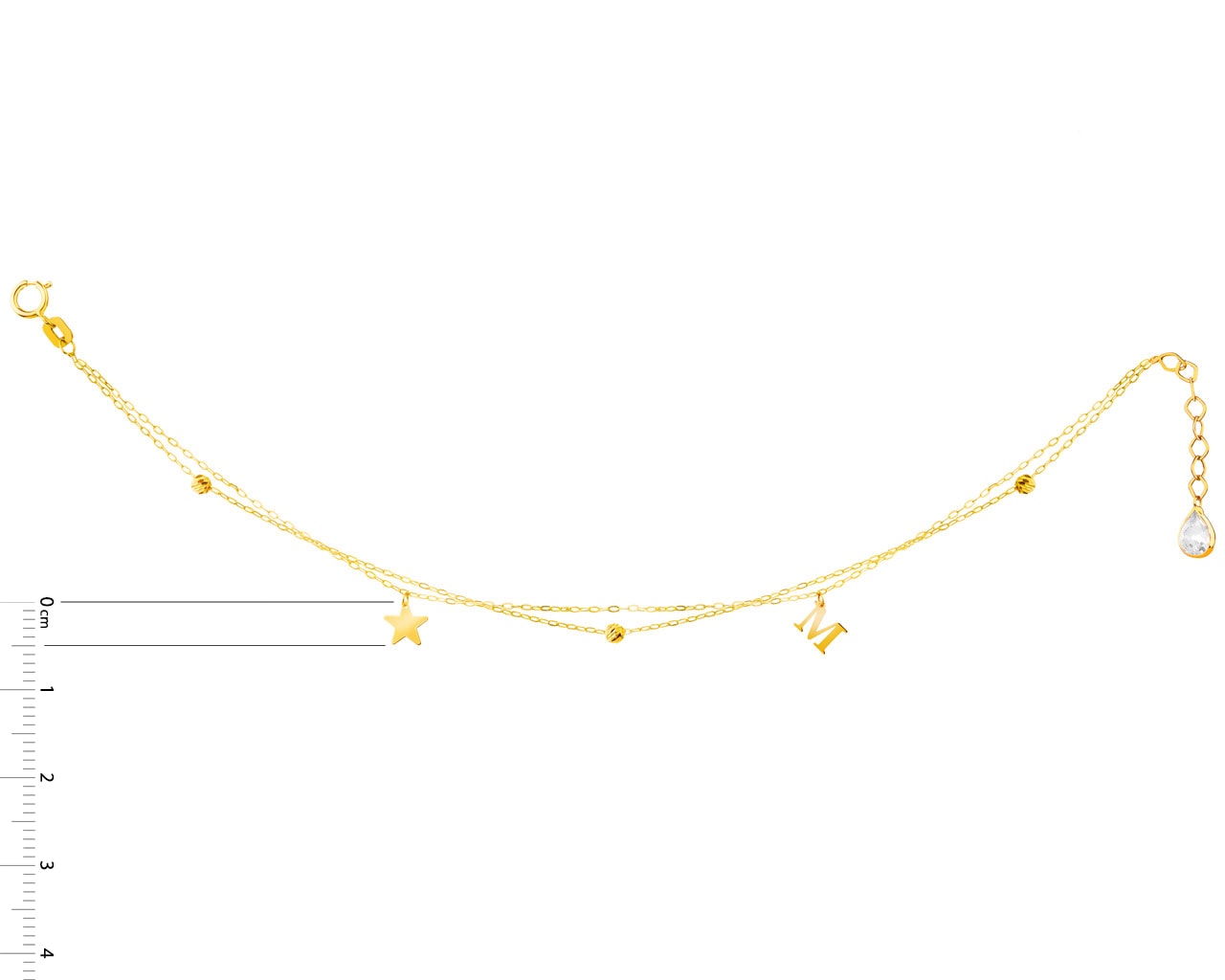 Złota bransoletka z cyrkonią, ankier - gwiazda, litera M