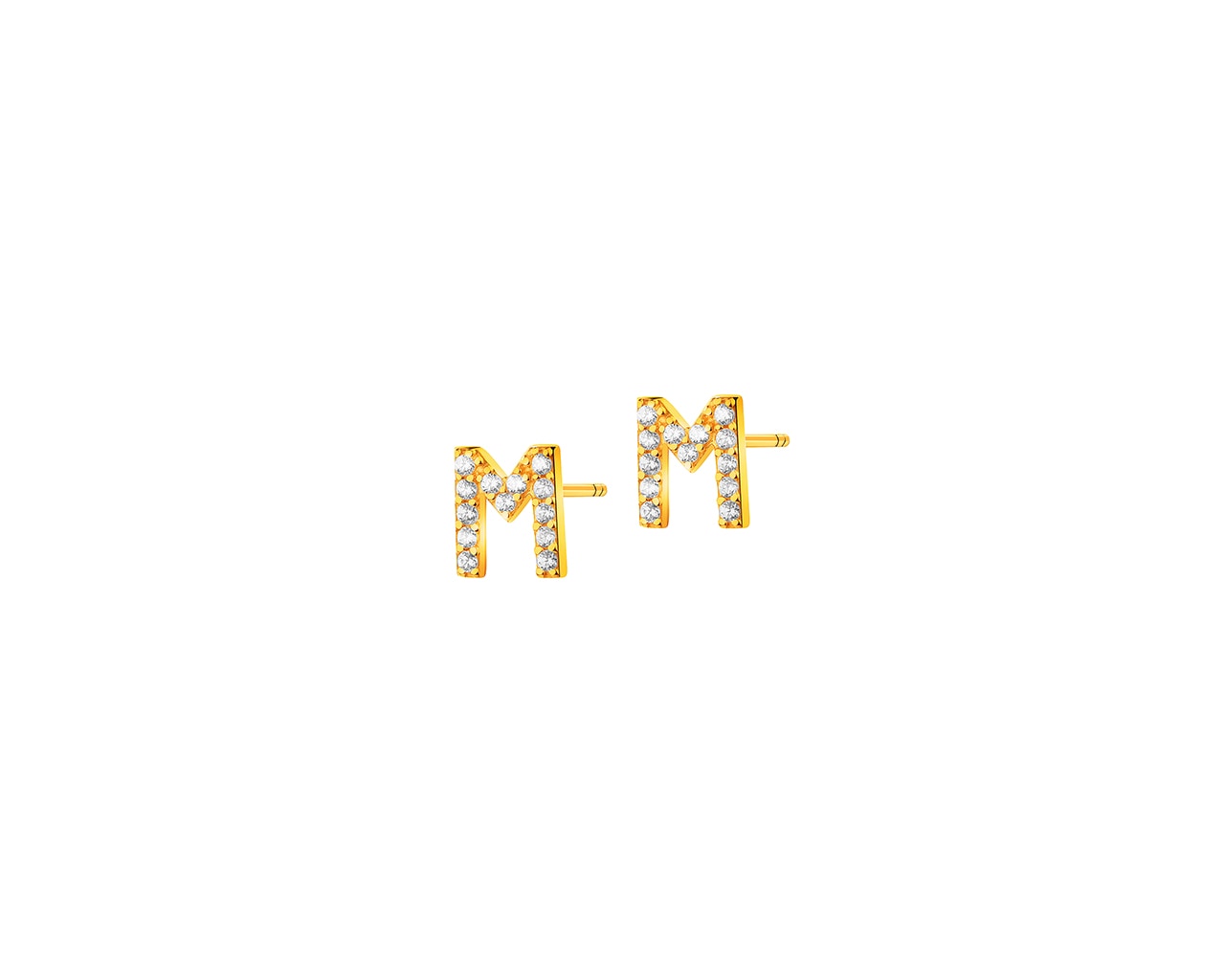 Złote kolczyki z cyrkoniami - litery M