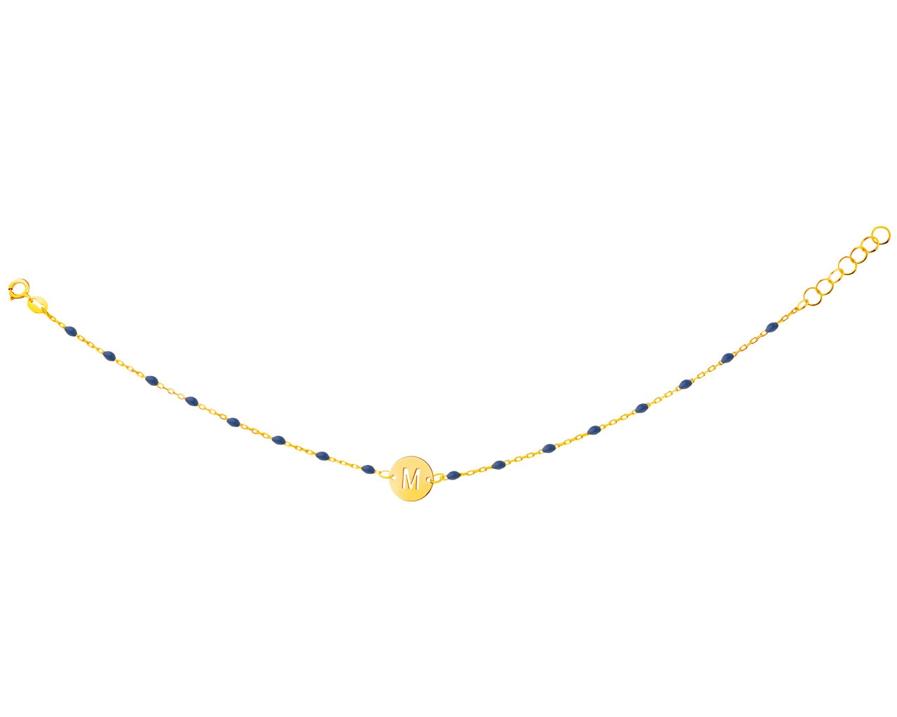 Złota bransoletka z emalią, ankier - koło, litera M