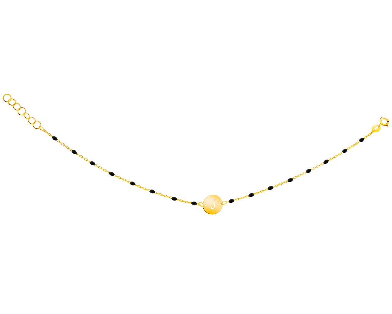 Złota bransoletka z emalią, ankier - koło, litera J