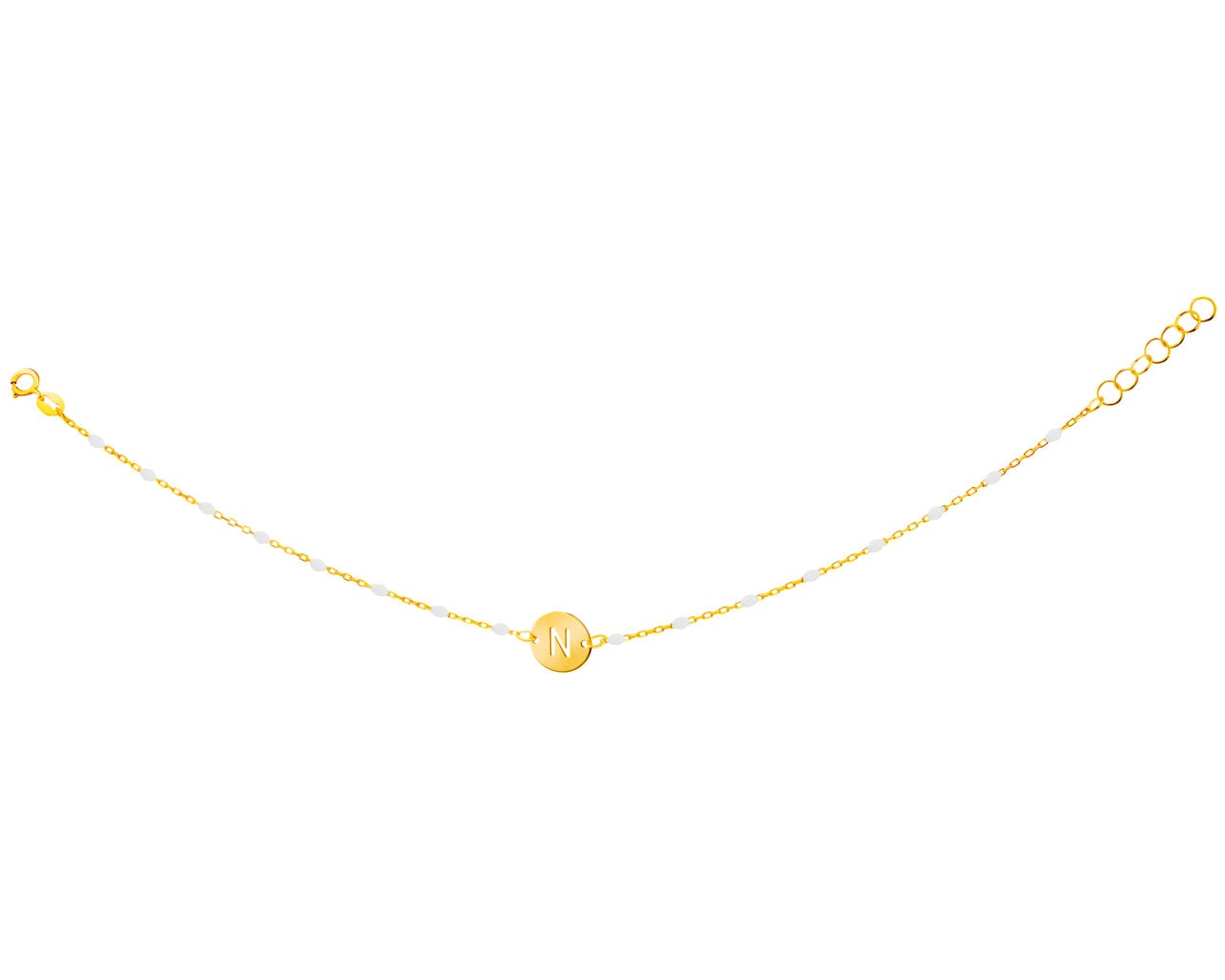 Złota bransoletka z emalią, ankier - koło, litera N