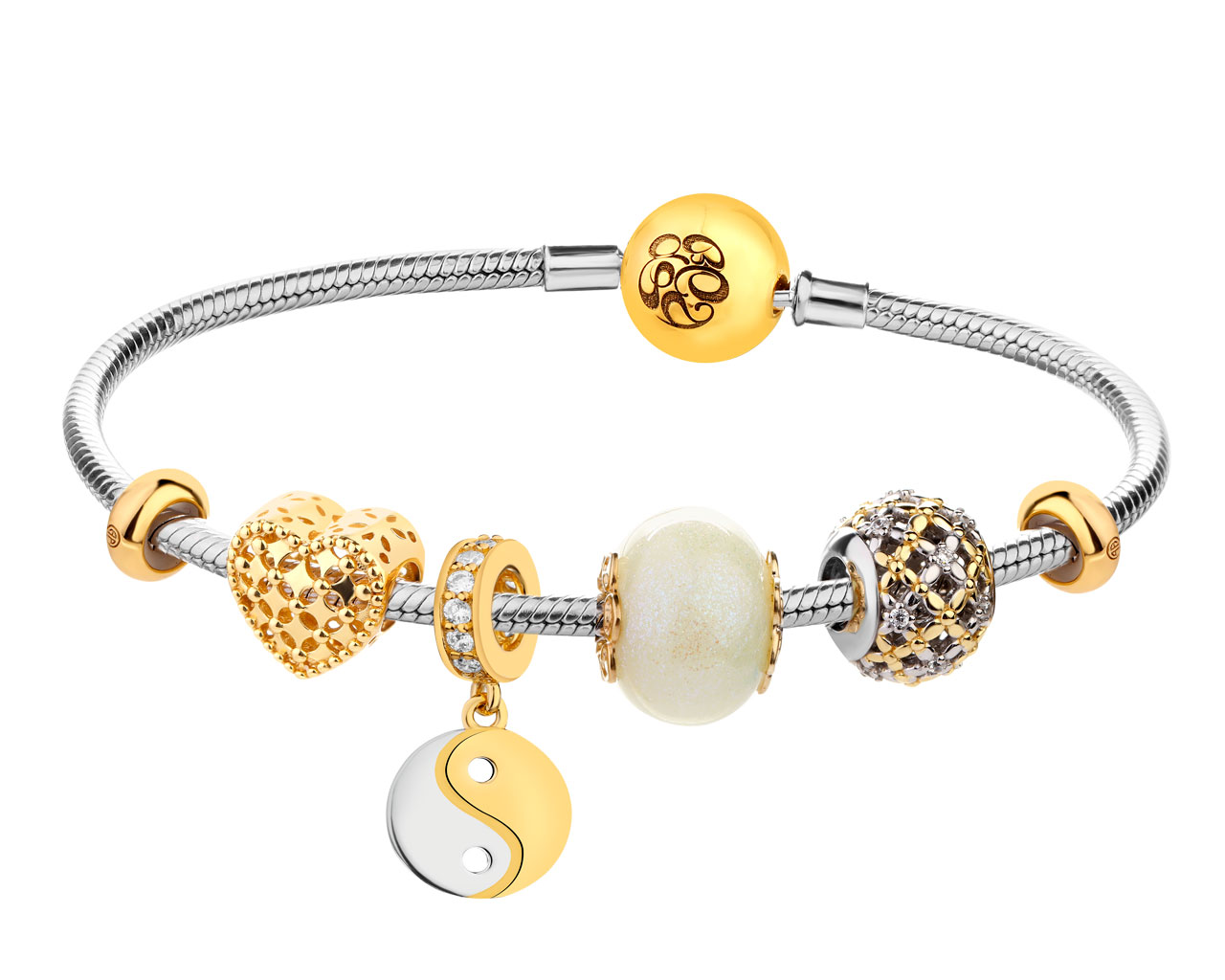 Stříbrný náramek beads - sada - květy, srdce, yin-yang