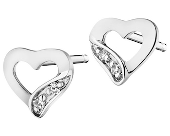 Kolczyki z białego złota z diamentami -  serca - 0,008 ct - próba 375