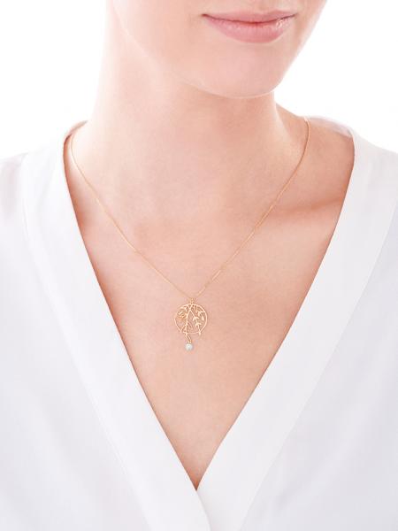 Yellow Gold Necklace with Cubic Zirconia - Circle, Leaves
