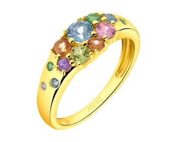 Prsten ze žlutého zlata s brilianty a drahokamy - ryzost 585