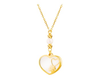 Złoty naszyjnik z masą perłową i perłą - serca, koniczyna